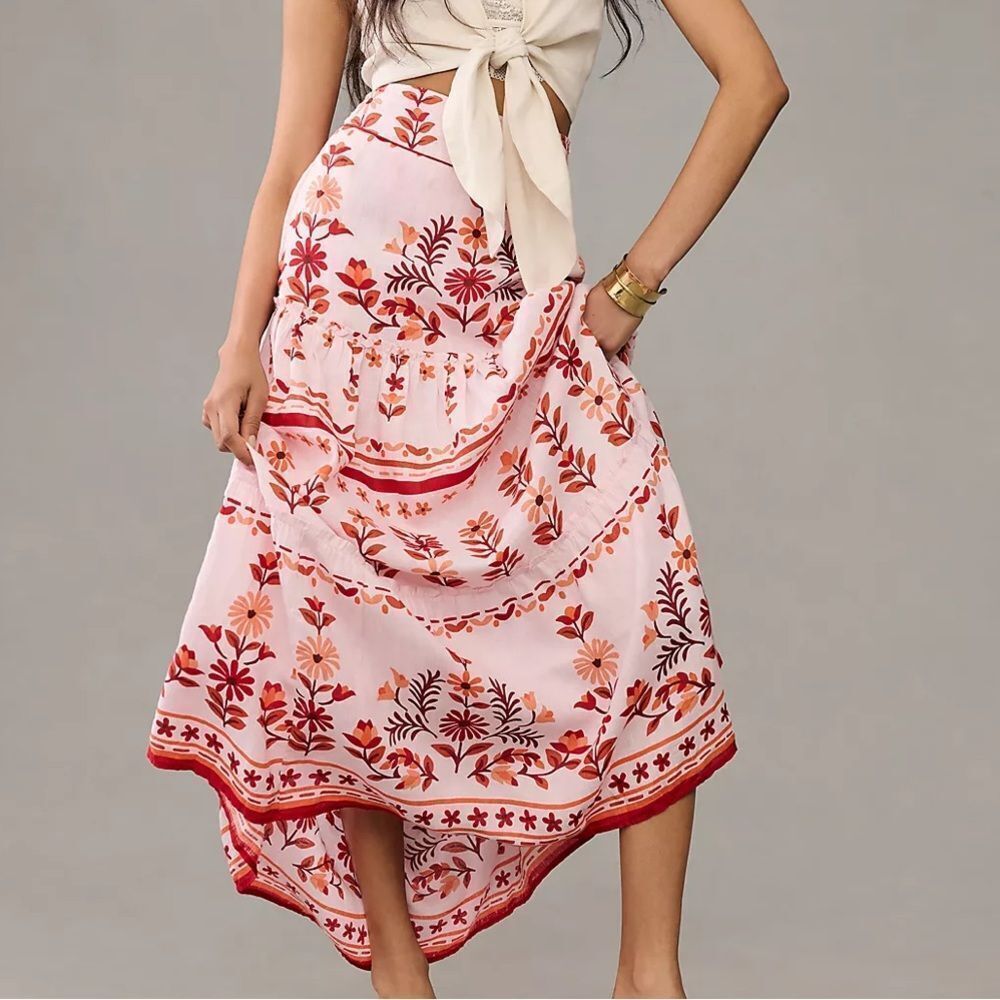 Banjanan Discovery Red and Prink Linen Maxi Floral Skirt